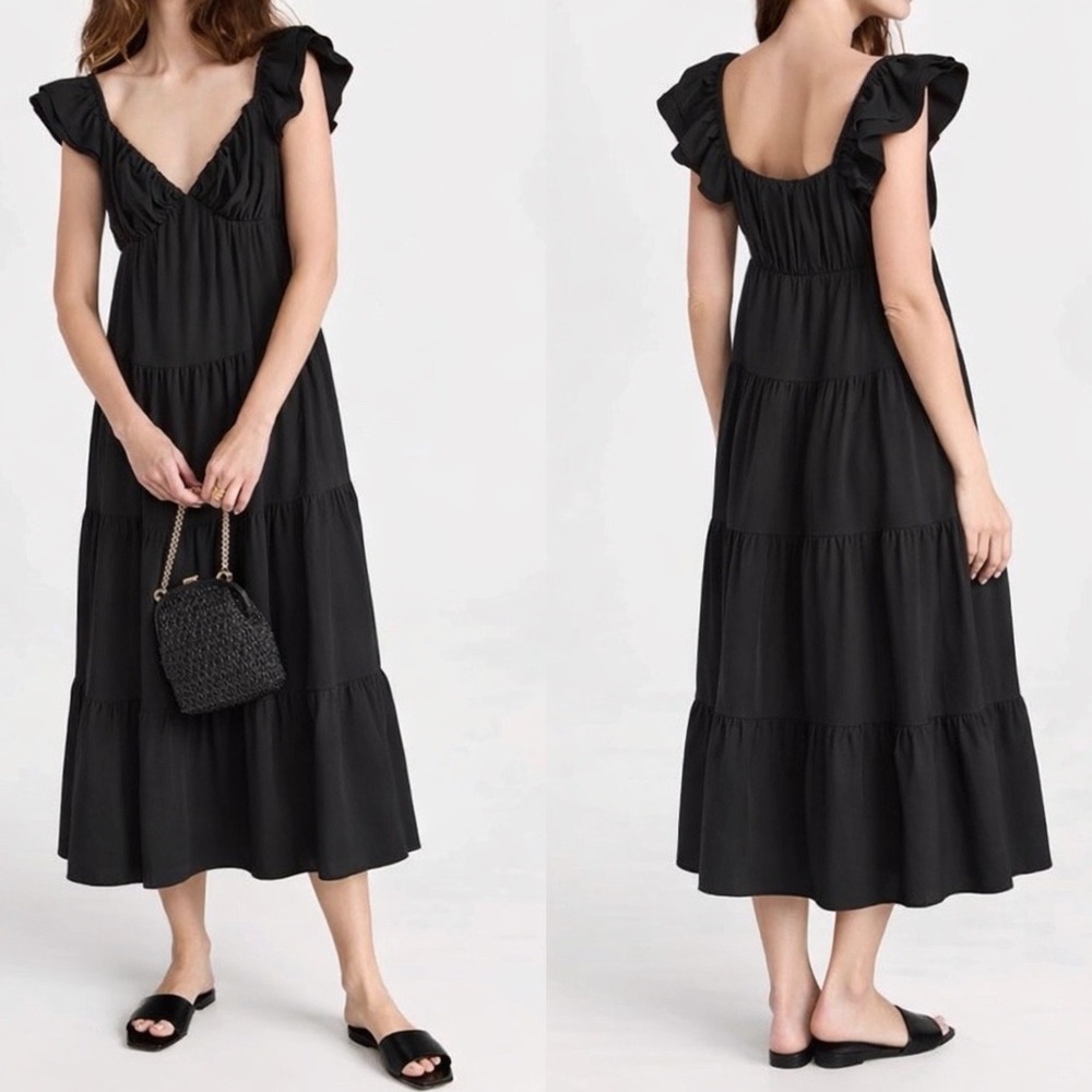 Black Cotton Ruffle Strap Midi Dress Tiered Coquette Romantic Boho Flowy prairie